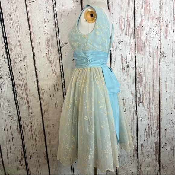 🎉HP🎉 Vintage 50s Cocktail Hostess Party Floral Dress Flocked Lace Chiffon SZ S - Picture 7 of 17